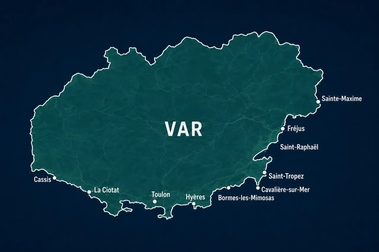 Carte de la région PACA situant Hyères et les communes où PrivteintPro intervient sur chantiers professionnels